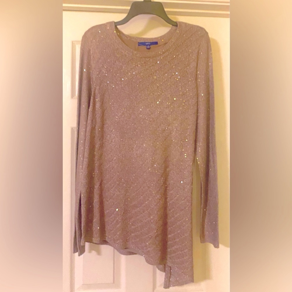 NWT Festive Sweater Taupe and Gold Shimmer with Asymmetrical angled bottom!